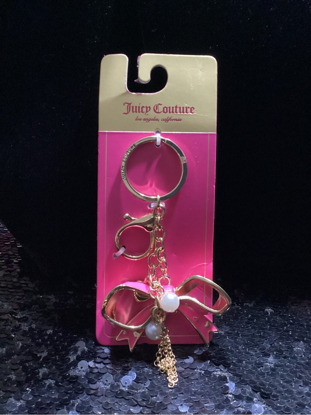 Juicy Couture Gold Bow Keychain with Pink Card Backing